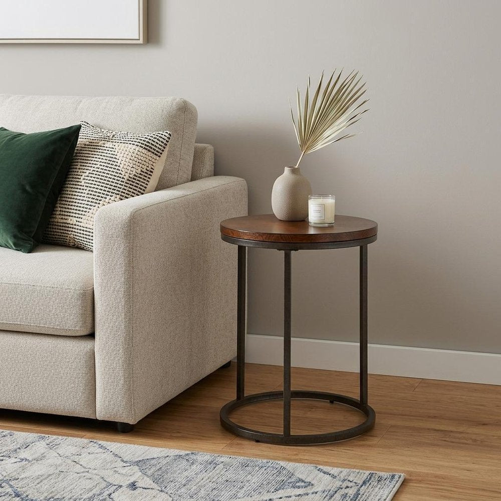 Black and Wood Brown Wood and Iron Round End Table - 24-inch