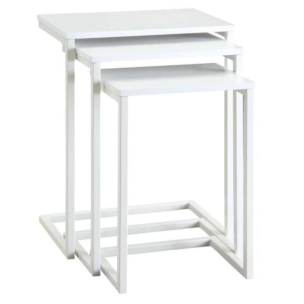 Set of Three 24 White Solid Wood and Steel Nested End Tables