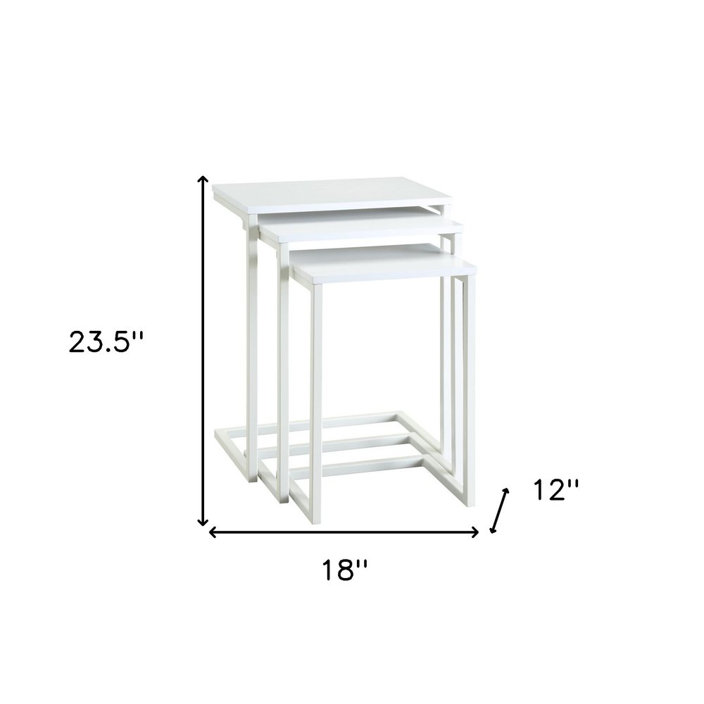 Set of Three 24 White Solid Wood and Steel Nested End Tables