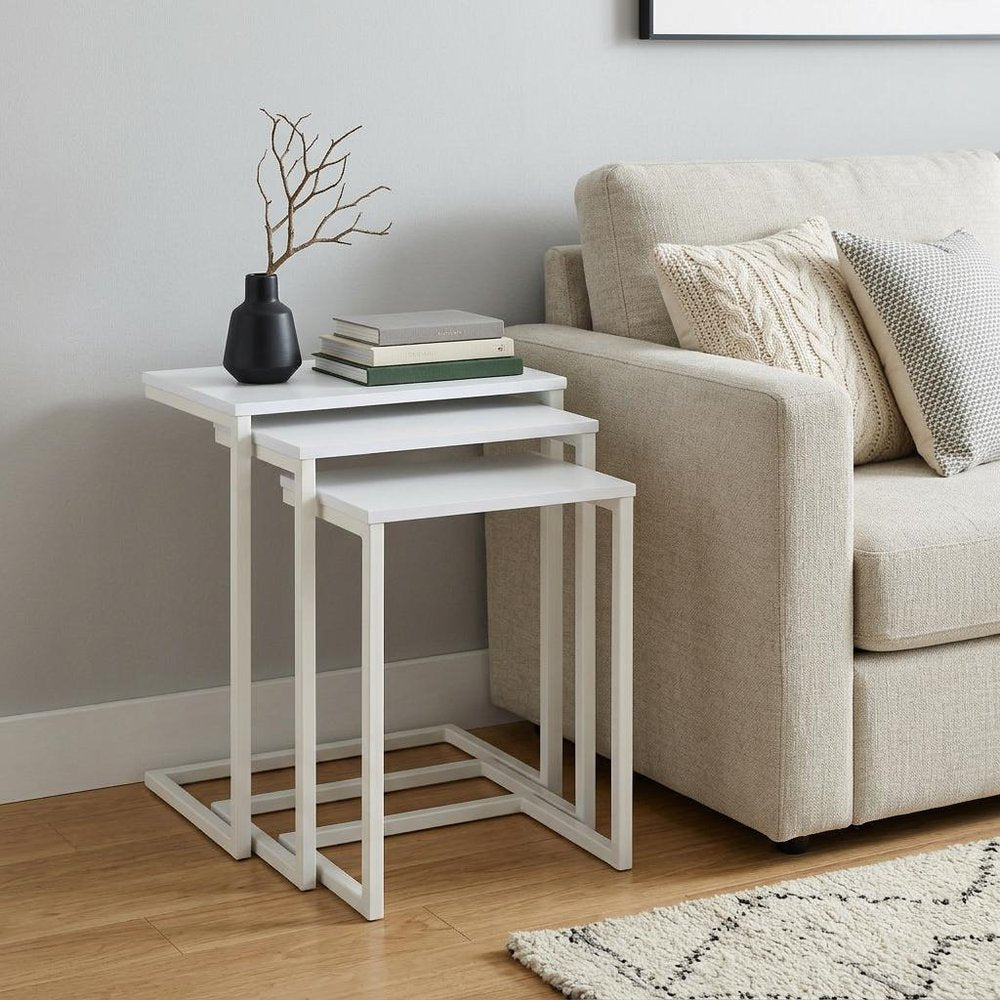 Set of Three 24 White Solid Wood and Steel Nested End Tables