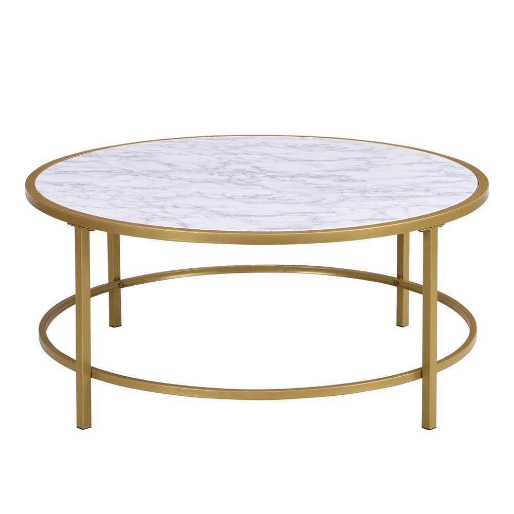 White and Gold Faux Marble and Metal Round Coffee Table - 36-inch
