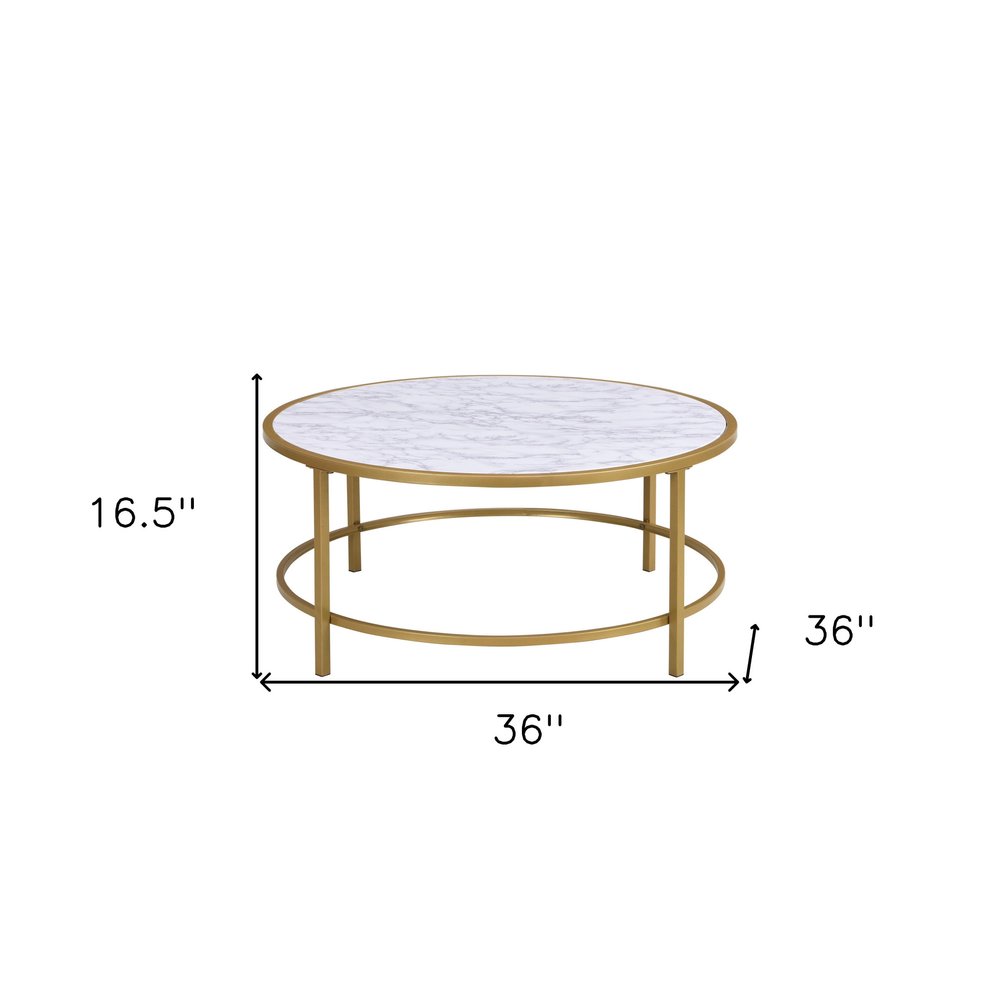 White and Gold Faux Marble and Metal Round Coffee Table - 36-inch