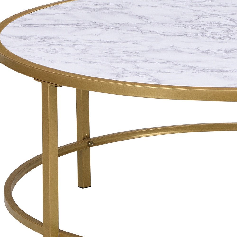 White and Gold Faux Marble and Metal Round Coffee Table - 36-inch
