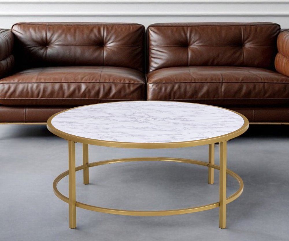 White and Gold Faux Marble and Metal Round Coffee Table - 36-inch