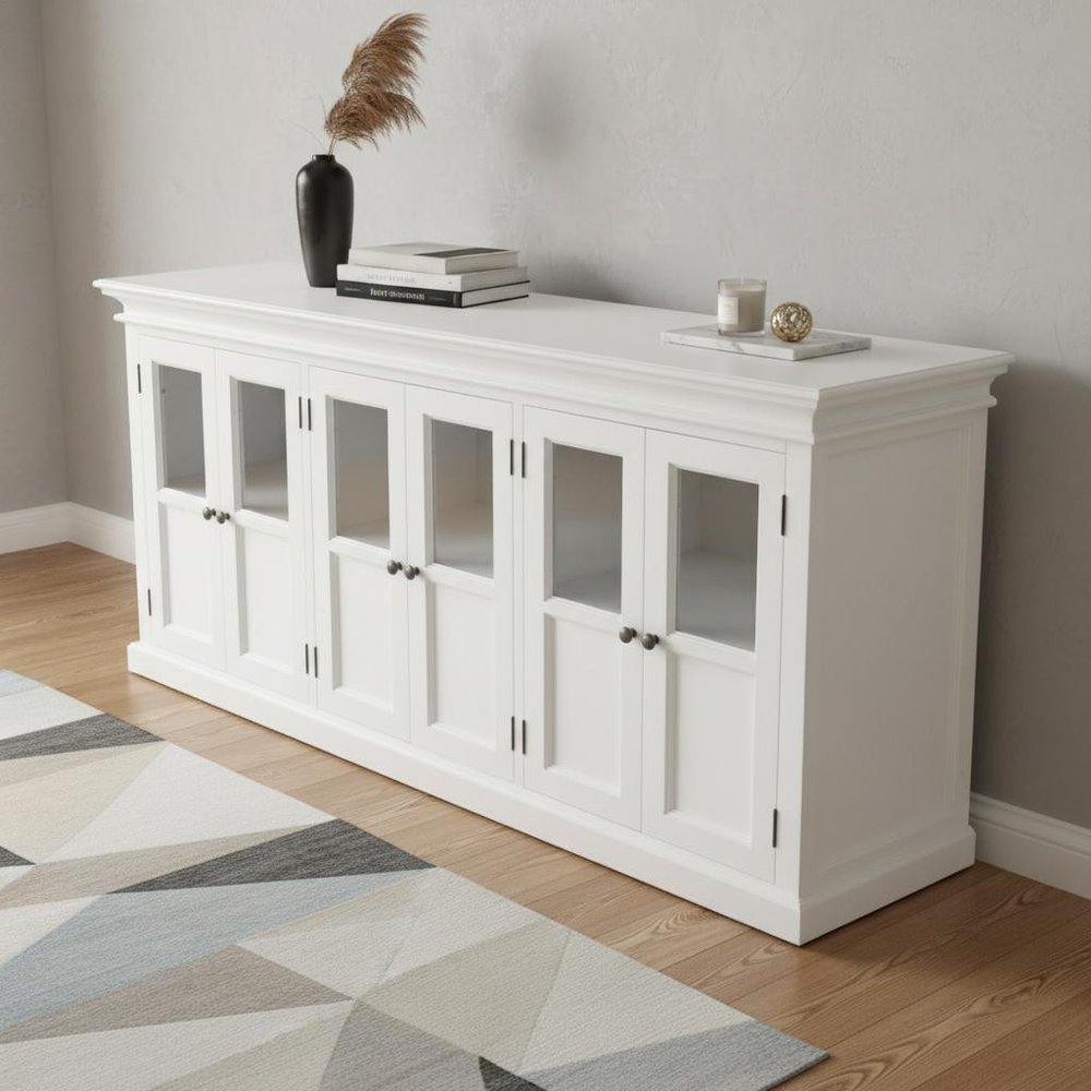 White Solid Wood Buffet Table with Six Doors - 82-inch