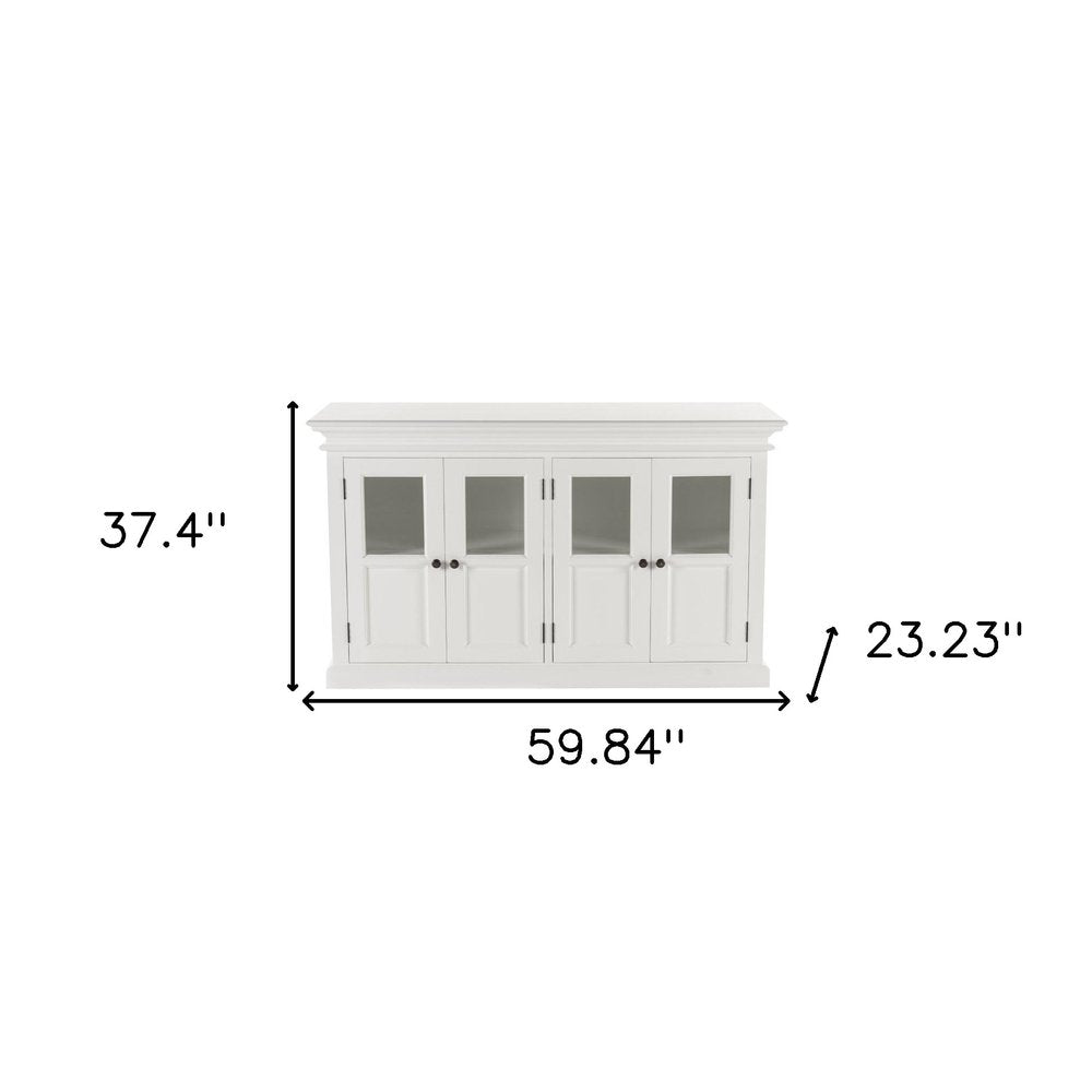 White Solid Wood Paneled Buffet Table with Four Glass Doors - 60-inch