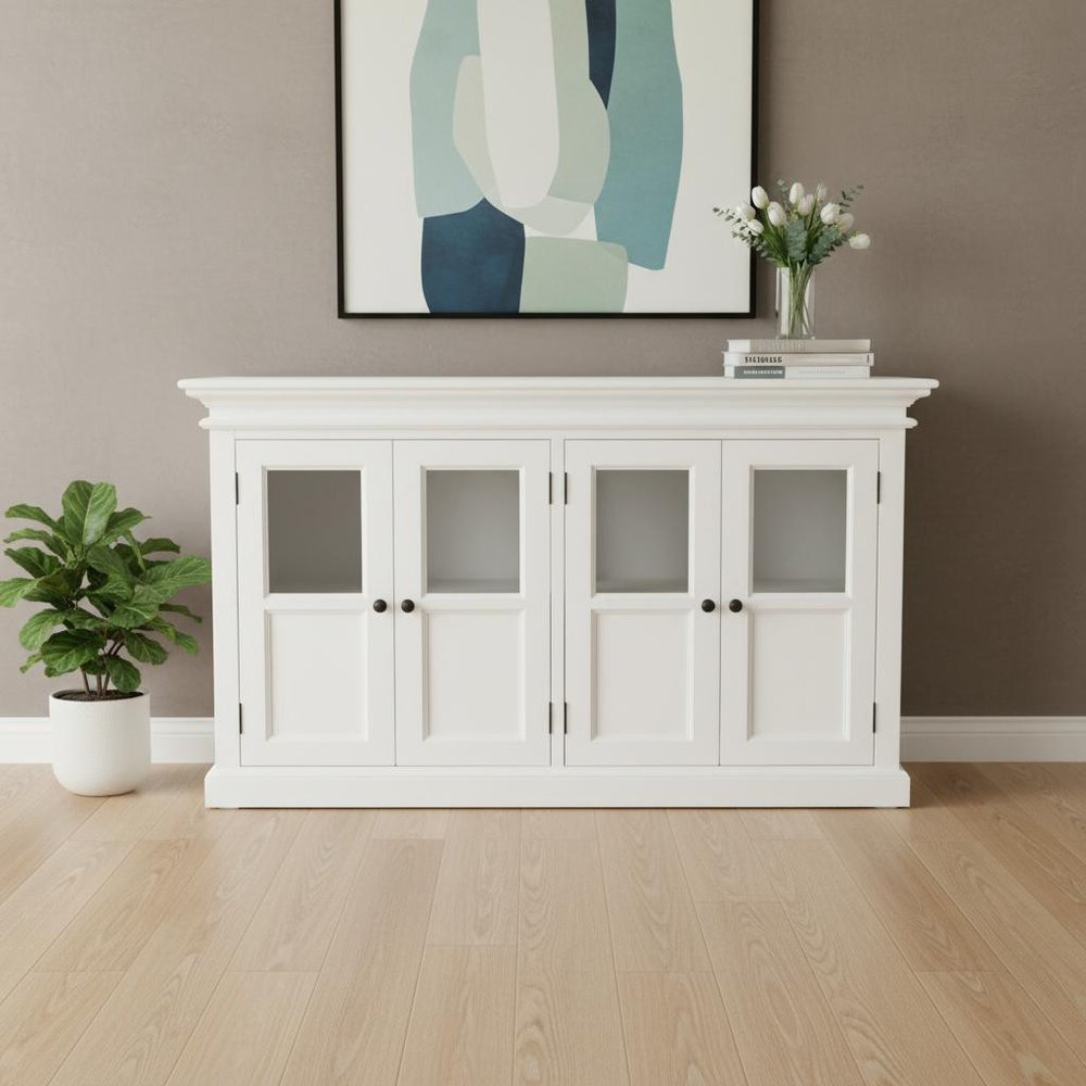 White Solid Wood Paneled Buffet Table with Four Glass Doors - 60-inch