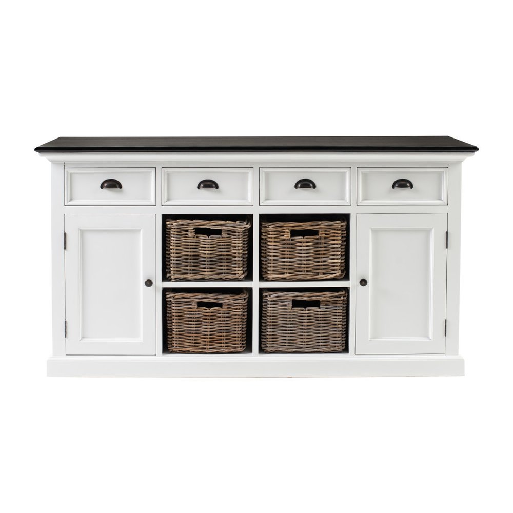 White and Black Solid Wood Paneled Four Drawer Buffet Table with Two Doors