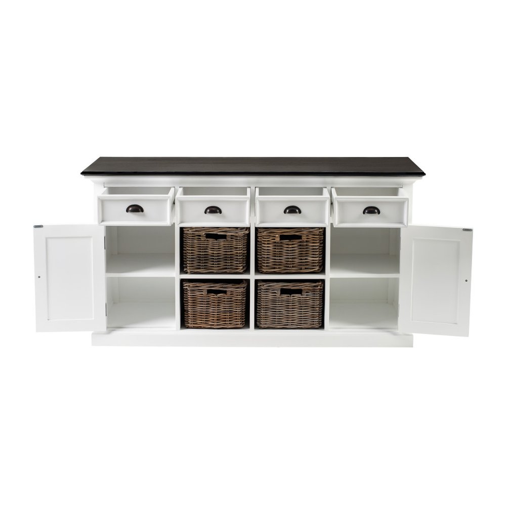 White and Black Solid Wood Paneled Four Drawer Buffet Table with Two Doors