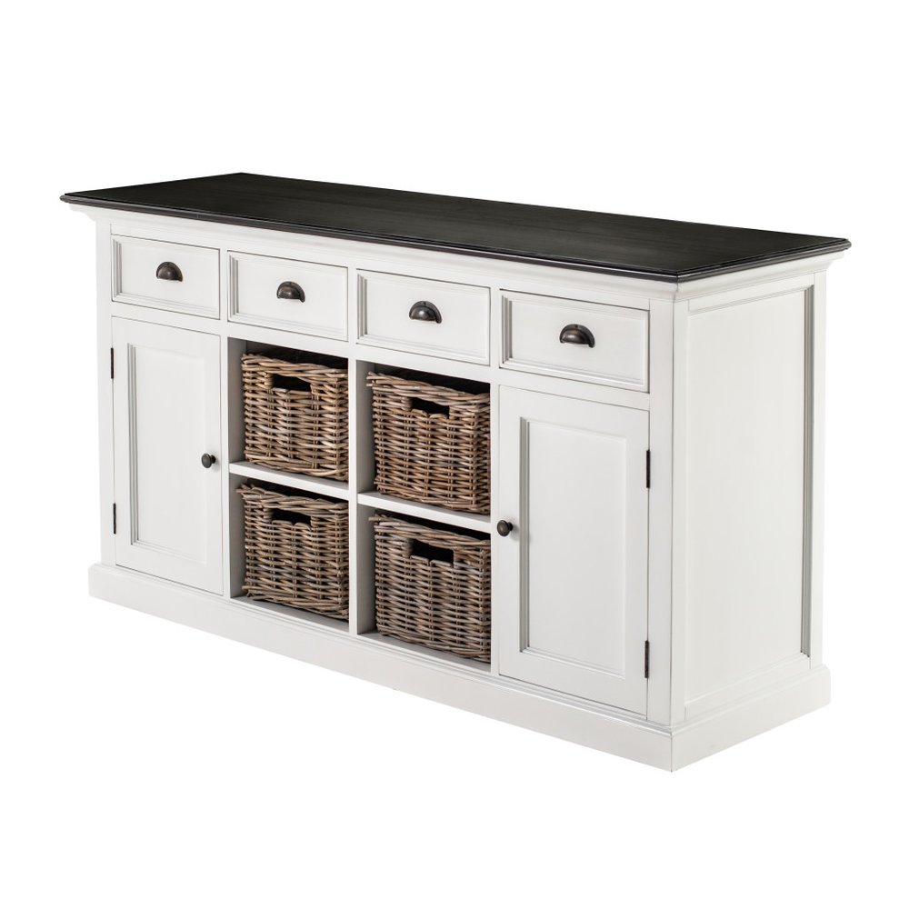 White and Black Solid Wood Paneled Four Drawer Buffet Table with Two Doors