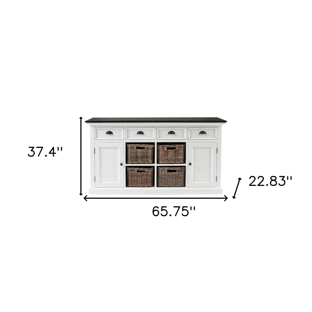White and Black Solid Wood Paneled Four Drawer Buffet Table with Two Doors