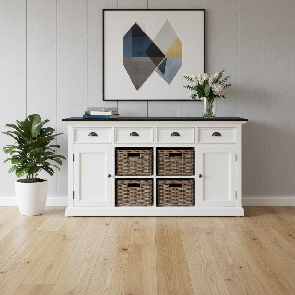 White and Black Solid Wood Paneled Four Drawer Buffet Table with Two Doors