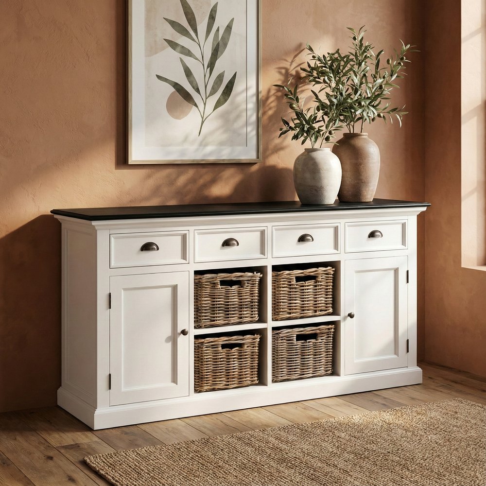 White and Black Solid Wood Paneled Four Drawer Buffet Table with Two Doors