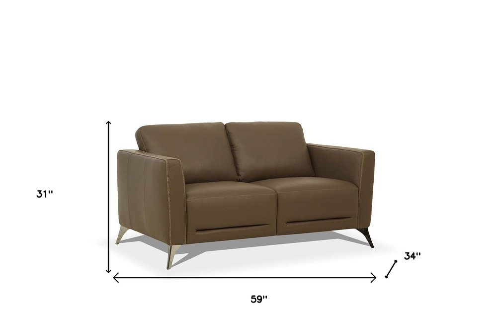 Brown and Silver Leather Loveseat - 59-inch
