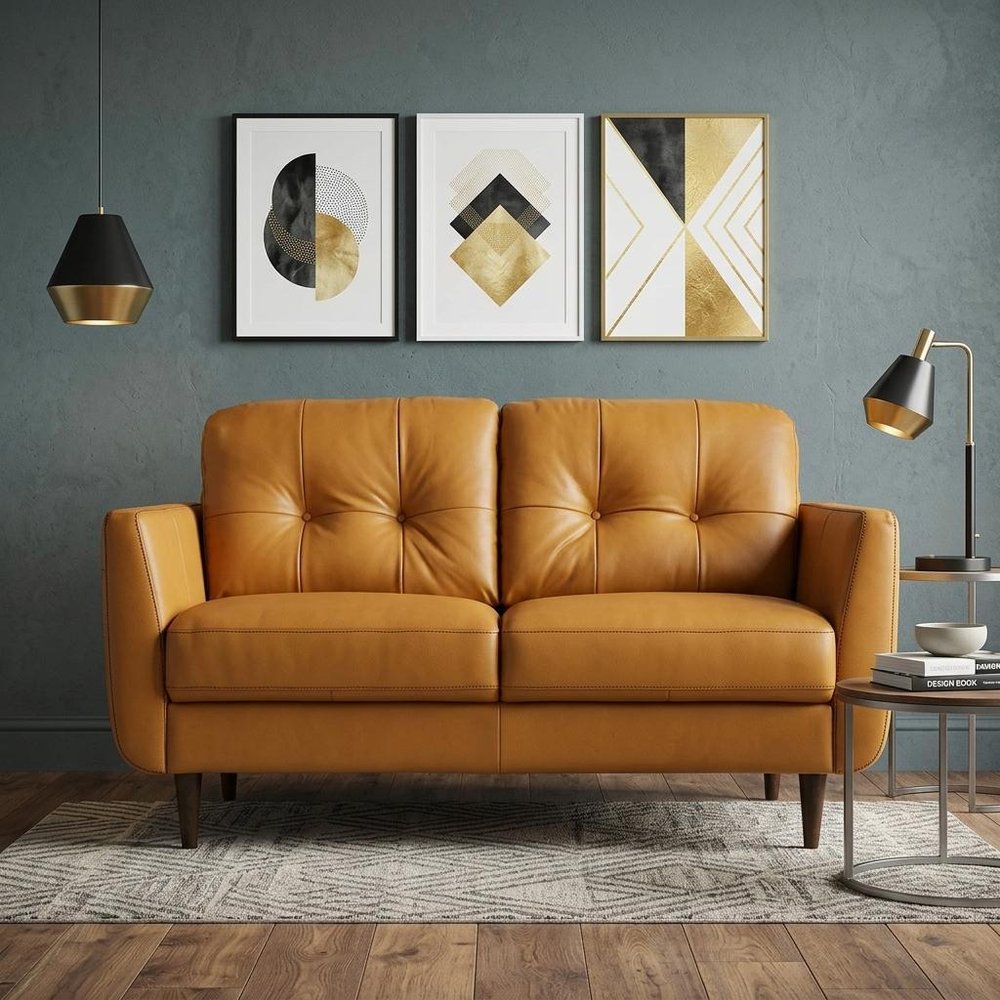 Camel and Brown Leather Loveseat - 59-inch