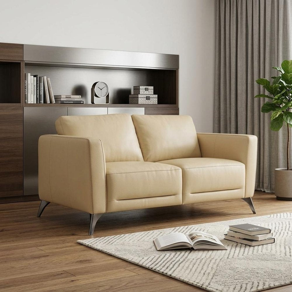 Cream and Silver Leather Loveseat - 59-inch