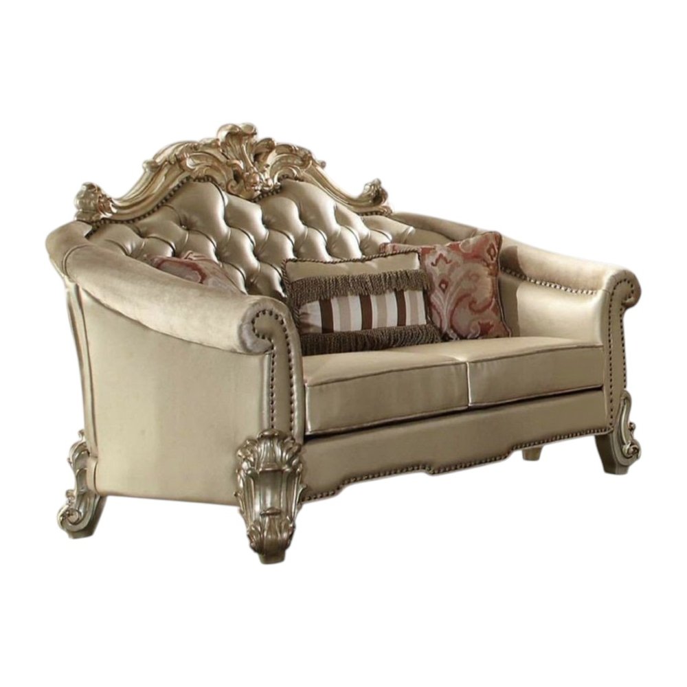 Bone and Gold Faux Leather Loveseat and Toss Pillows - 67-inch