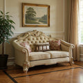 Bone and Gold Faux Leather Loveseat and Toss Pillows - 67-inch