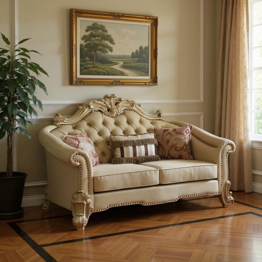 Bone and Gold Faux Leather Loveseat and Toss Pillows - 67-inch