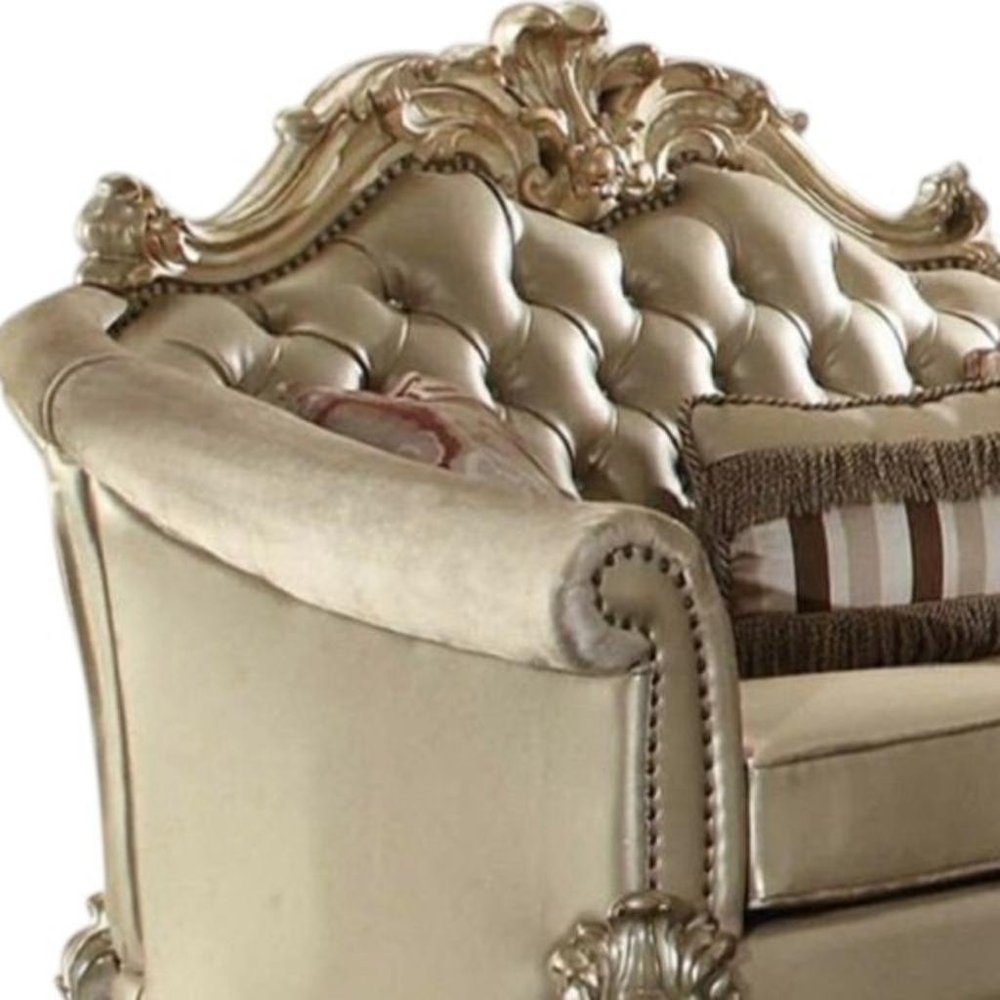 Bone and Gold Faux Leather Loveseat and Toss Pillows - 67-inch