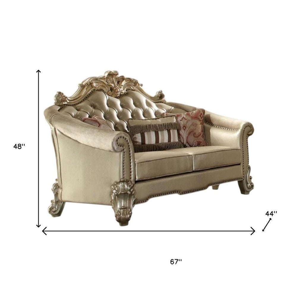Bone and Gold Faux Leather Loveseat and Toss Pillows - 67-inch