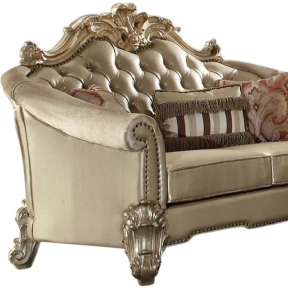 Bone and Gold Faux Leather Loveseat and Toss Pillows - 67-inch
