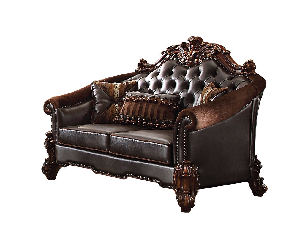 Brown and Dark Brown Chenille and Faux Leather Loveseat and Toss Pillows