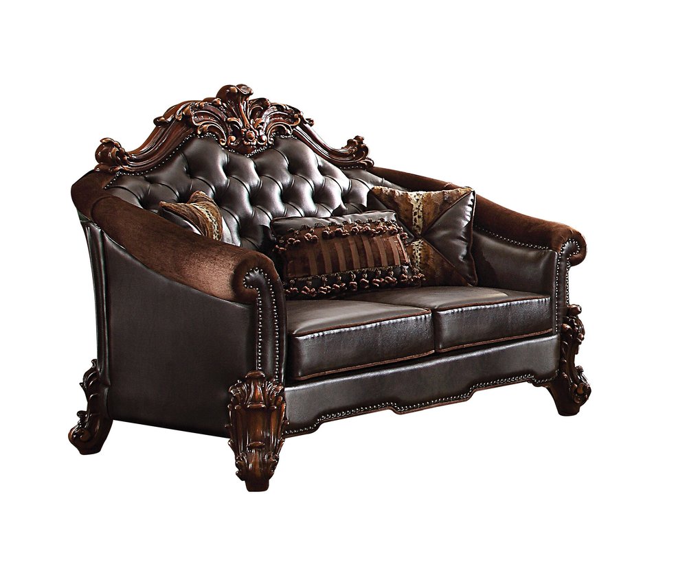 Brown and Dark Brown Chenille and Faux Leather Loveseat and Toss Pillows