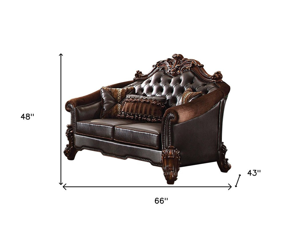 Brown and Dark Brown Chenille and Faux Leather Loveseat and Toss Pillows