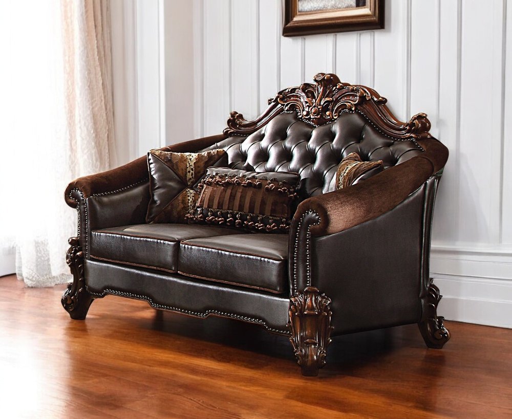 Brown and Dark Brown Chenille and Faux Leather Loveseat and Toss Pillows
