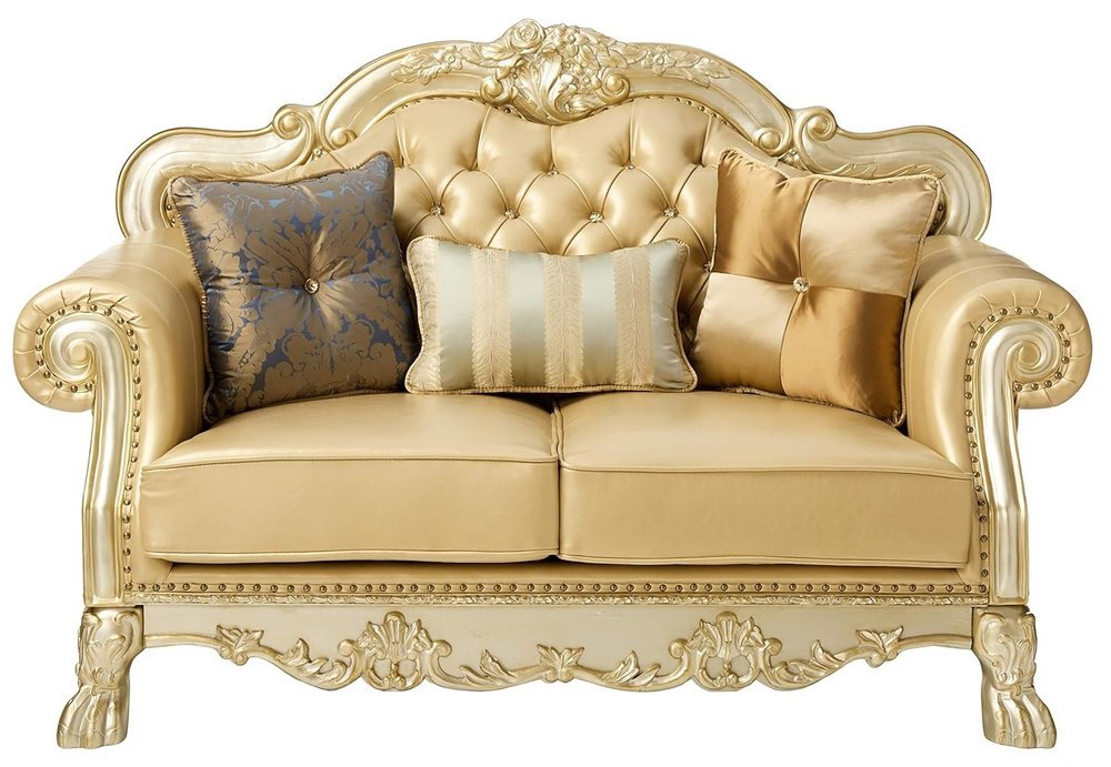 Bone and Gold Faux Leather Loveseat and Toss Pillows - 64-inch