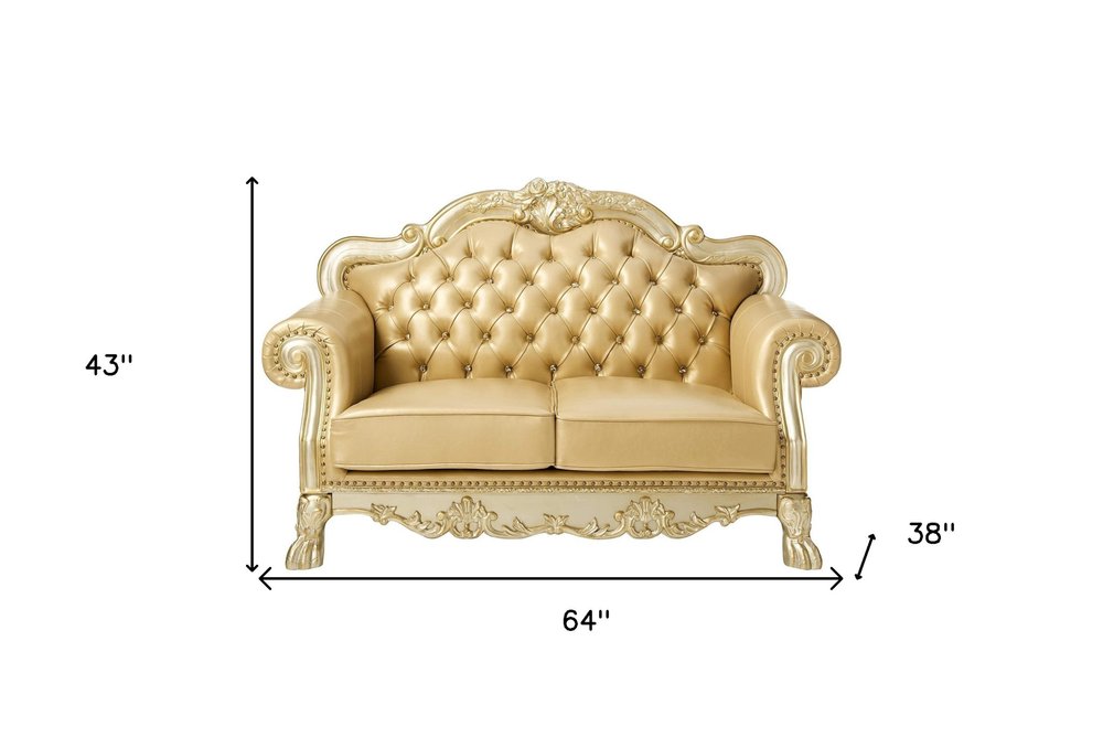 Bone and Gold Faux Leather Loveseat and Toss Pillows - 64-inch