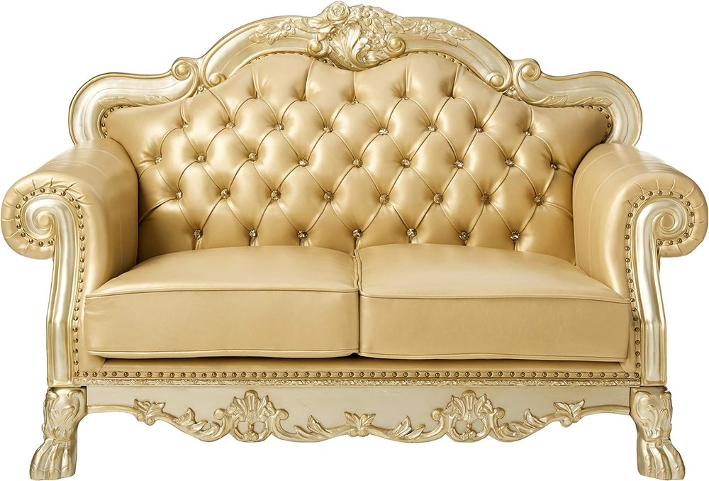 Bone and Gold Faux Leather Loveseat and Toss Pillows - 64-inch