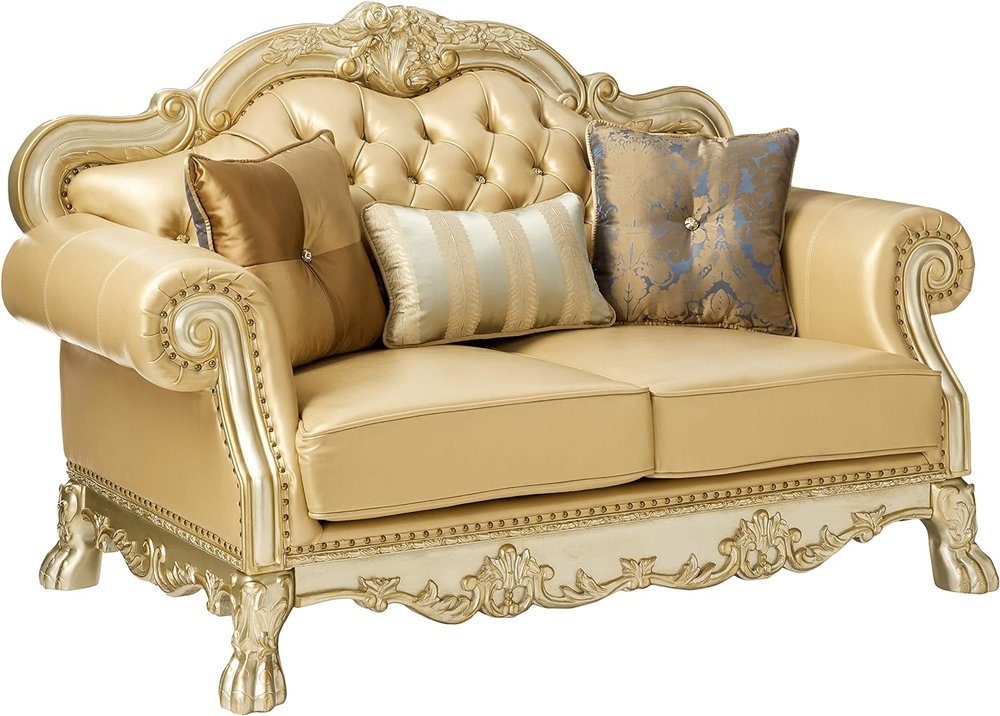 Bone and Gold Faux Leather Loveseat and Toss Pillows - 64-inch