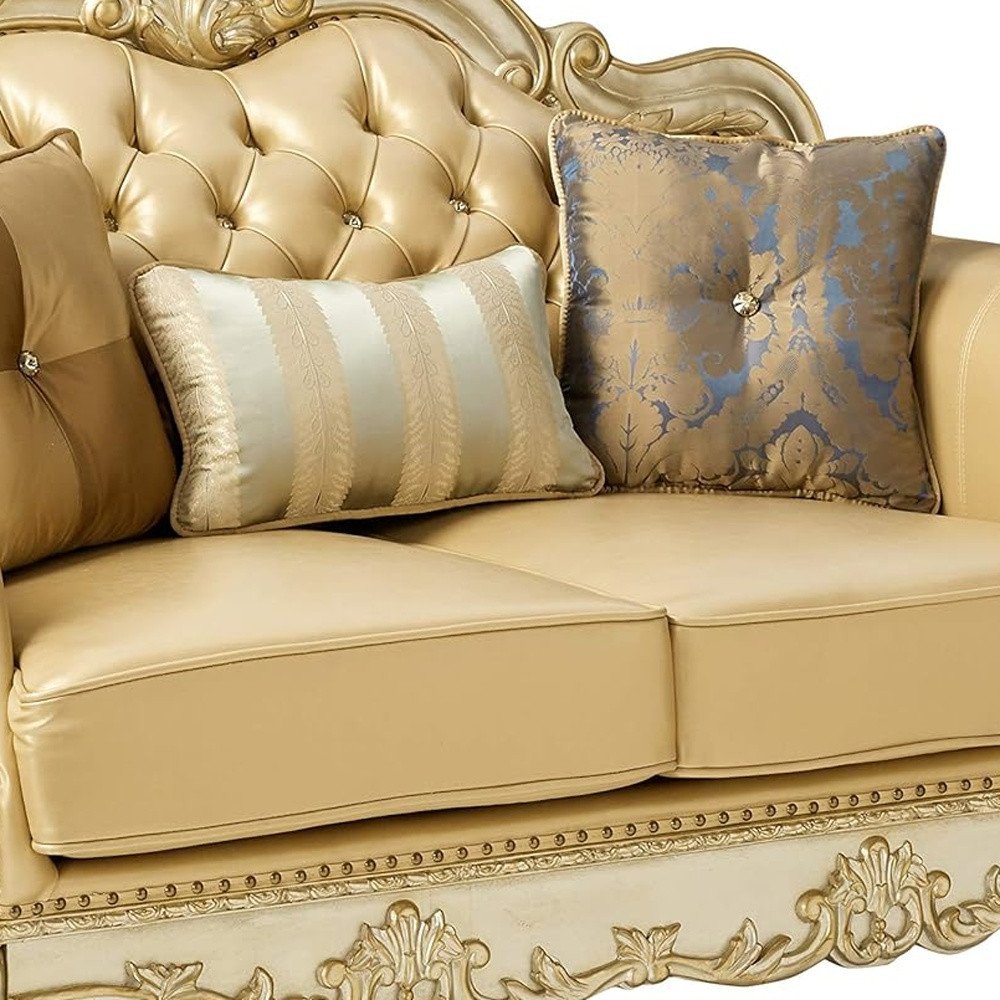 Bone and Gold Faux Leather Loveseat and Toss Pillows - 64-inch