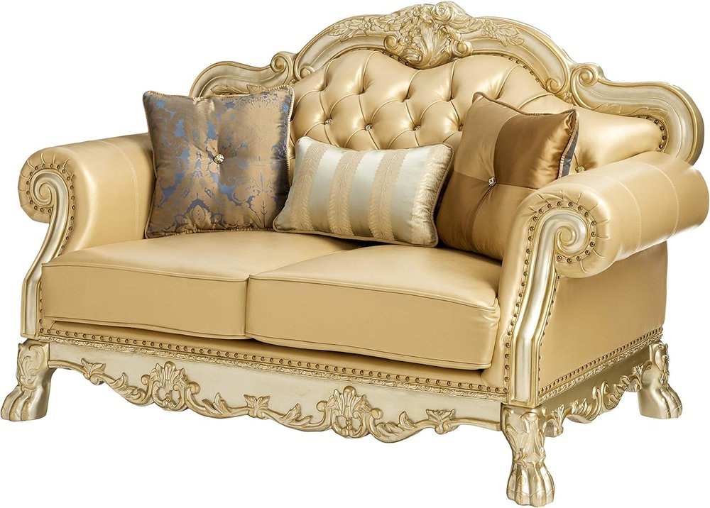 Bone and Gold Faux Leather Loveseat and Toss Pillows - 64-inch