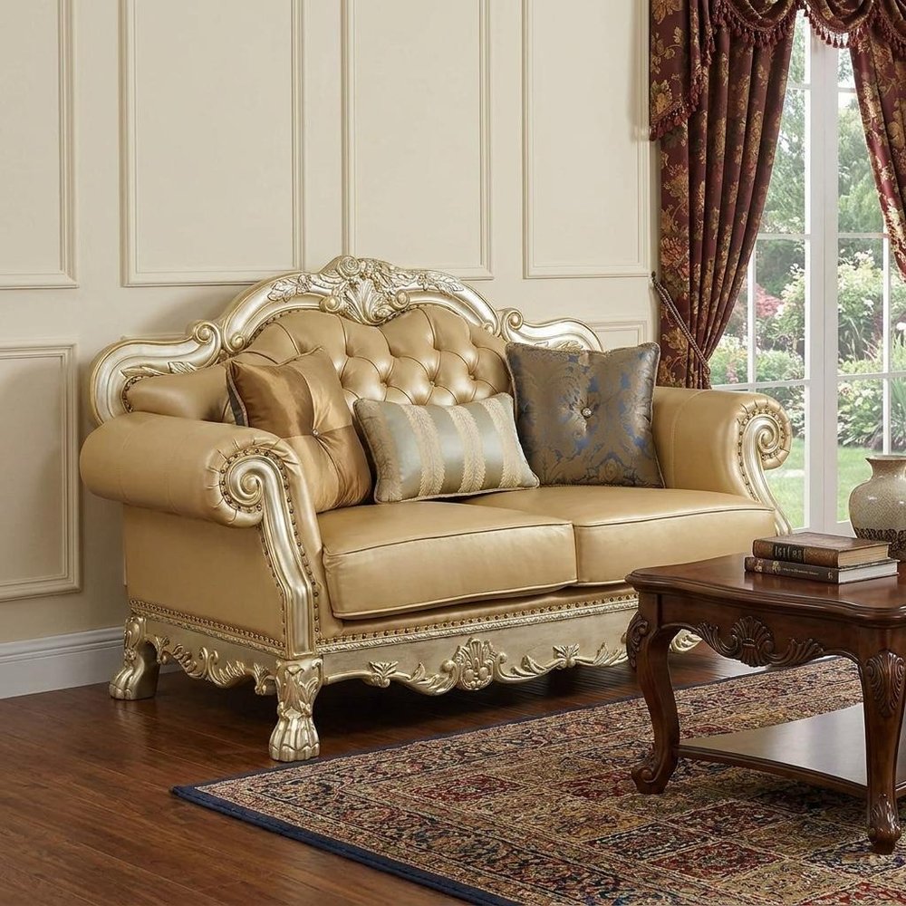 Bone and Gold Faux Leather Loveseat and Toss Pillows - 64-inch