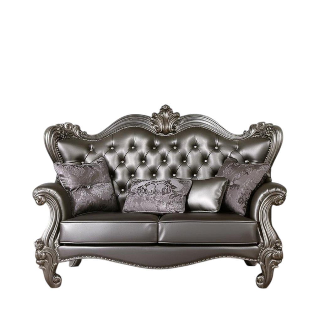 Silver and Platinum Faux Leather Loveseat and Toss Pillows - 70-inch