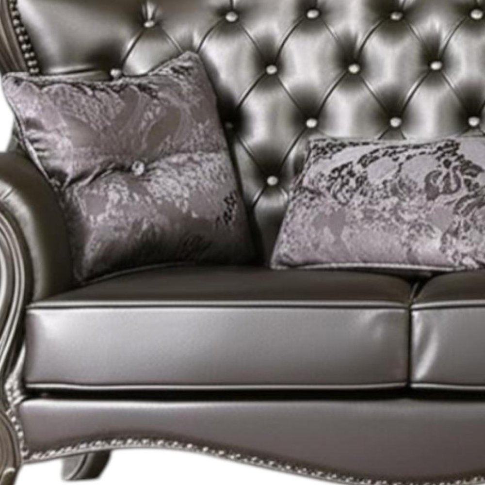 Silver and Platinum Faux Leather Loveseat and Toss Pillows - 70-inch