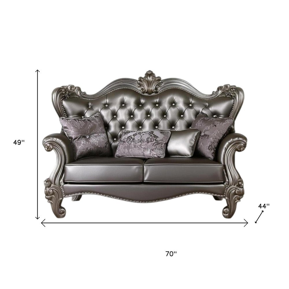 Silver and Platinum Faux Leather Loveseat and Toss Pillows - 70-inch