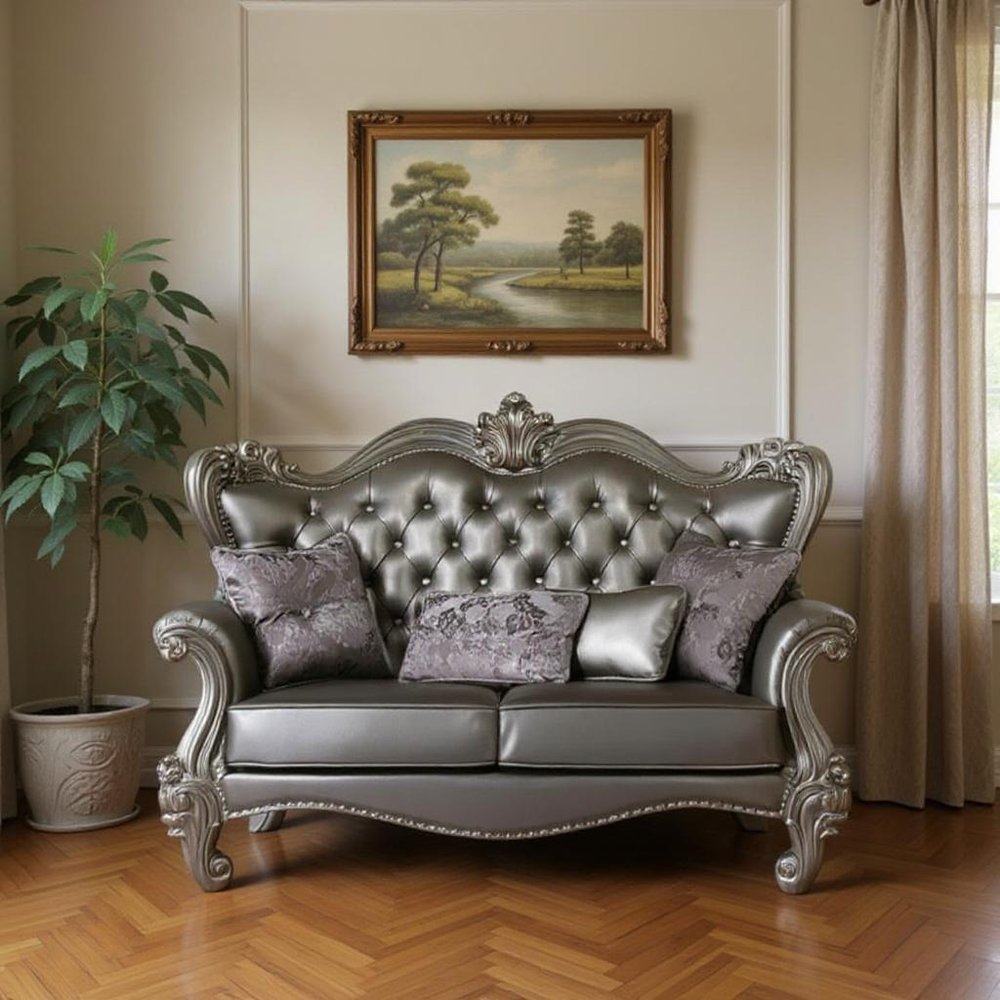 Silver and Platinum Faux Leather Loveseat and Toss Pillows - 70-inch