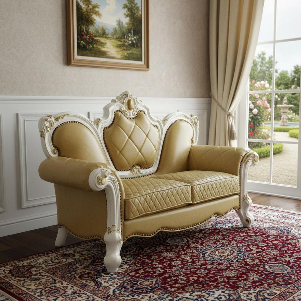 Golden Yellow and Pearl Faux Leather Loveseat and Toss Pillows - 70-inch