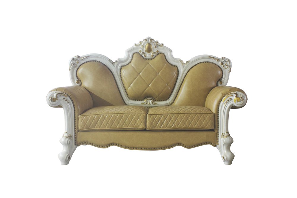 Golden Yellow and Pearl Faux Leather Loveseat and Toss Pillows - 70-inch