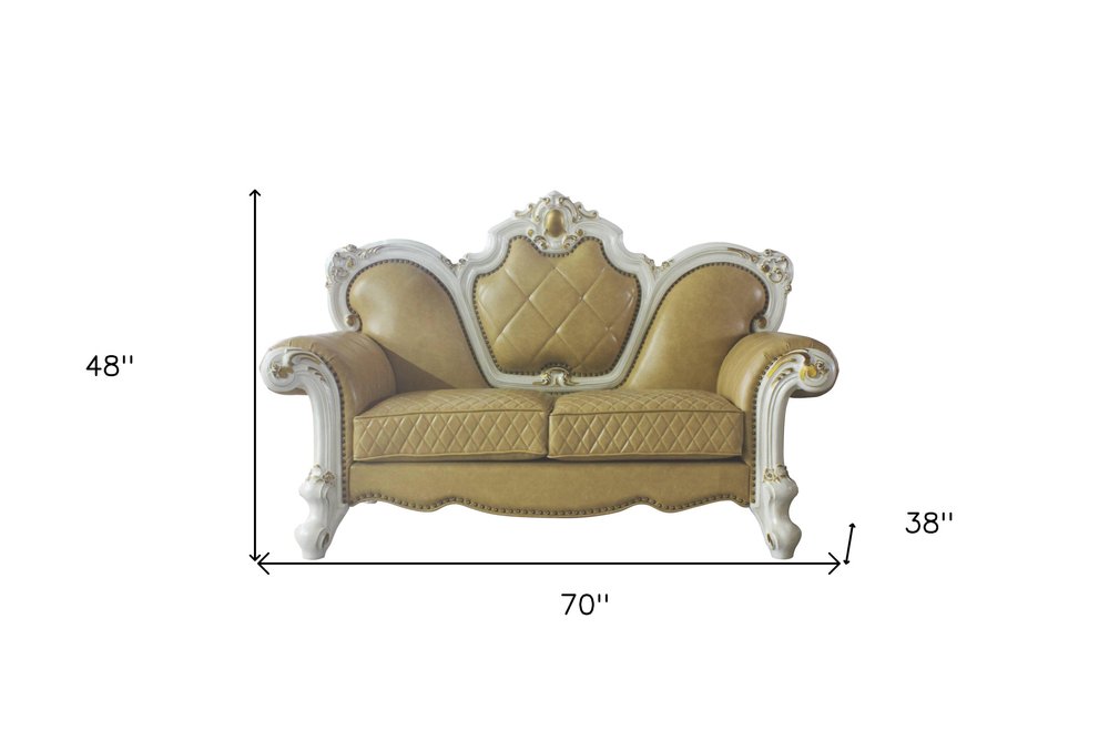 Golden Yellow and Pearl Faux Leather Loveseat and Toss Pillows - 70-inch