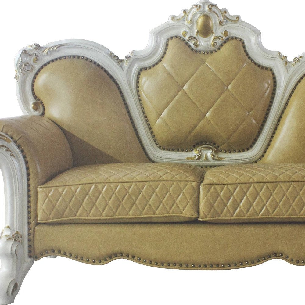 Golden Yellow and Pearl Faux Leather Loveseat and Toss Pillows - 70-inch