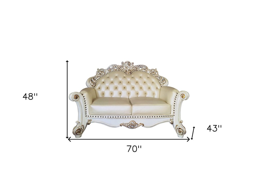 Champagne and Pearl Faux Leather Loveseat and Toss Pillows - 70-inch