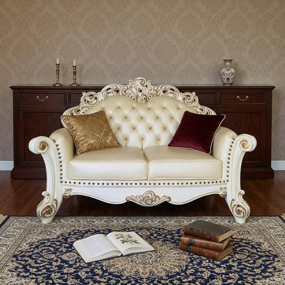 Champagne and Pearl Faux Leather Loveseat and Toss Pillows - 70-inch