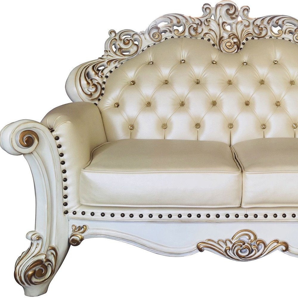 Champagne and Pearl Faux Leather Loveseat and Toss Pillows - 70-inch