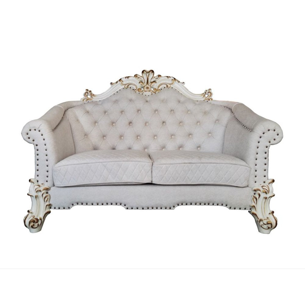 Two Tone Ivory and Pearl Velvet Loveseat and Toss Pillows - 66-inch
