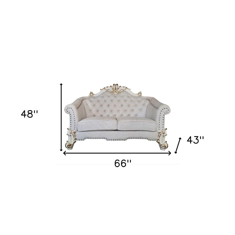 Two Tone Ivory and Pearl Velvet Loveseat and Toss Pillows - 66-inch